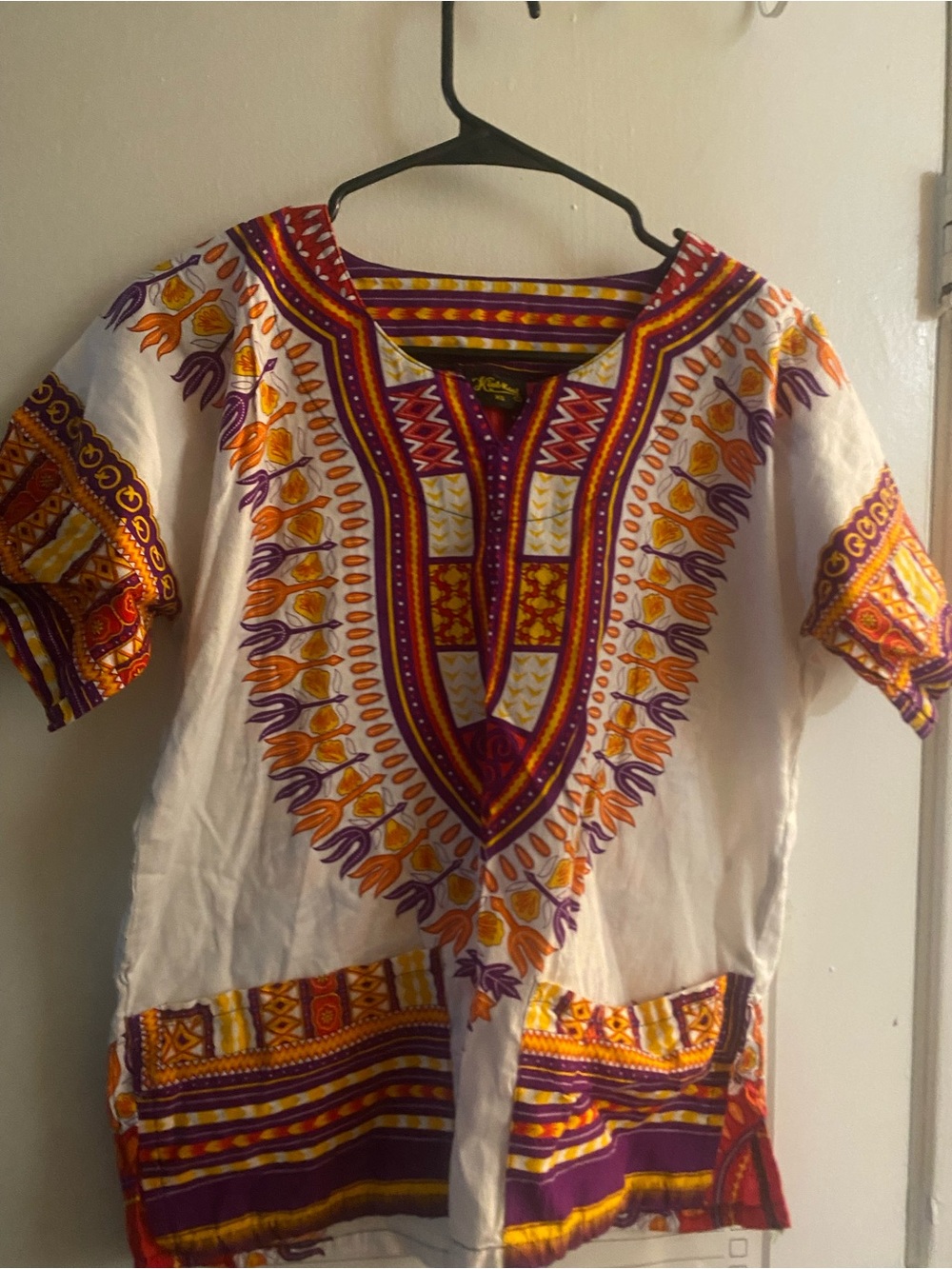 Unisex White Dashiki Shirt with Purple & Orange Print